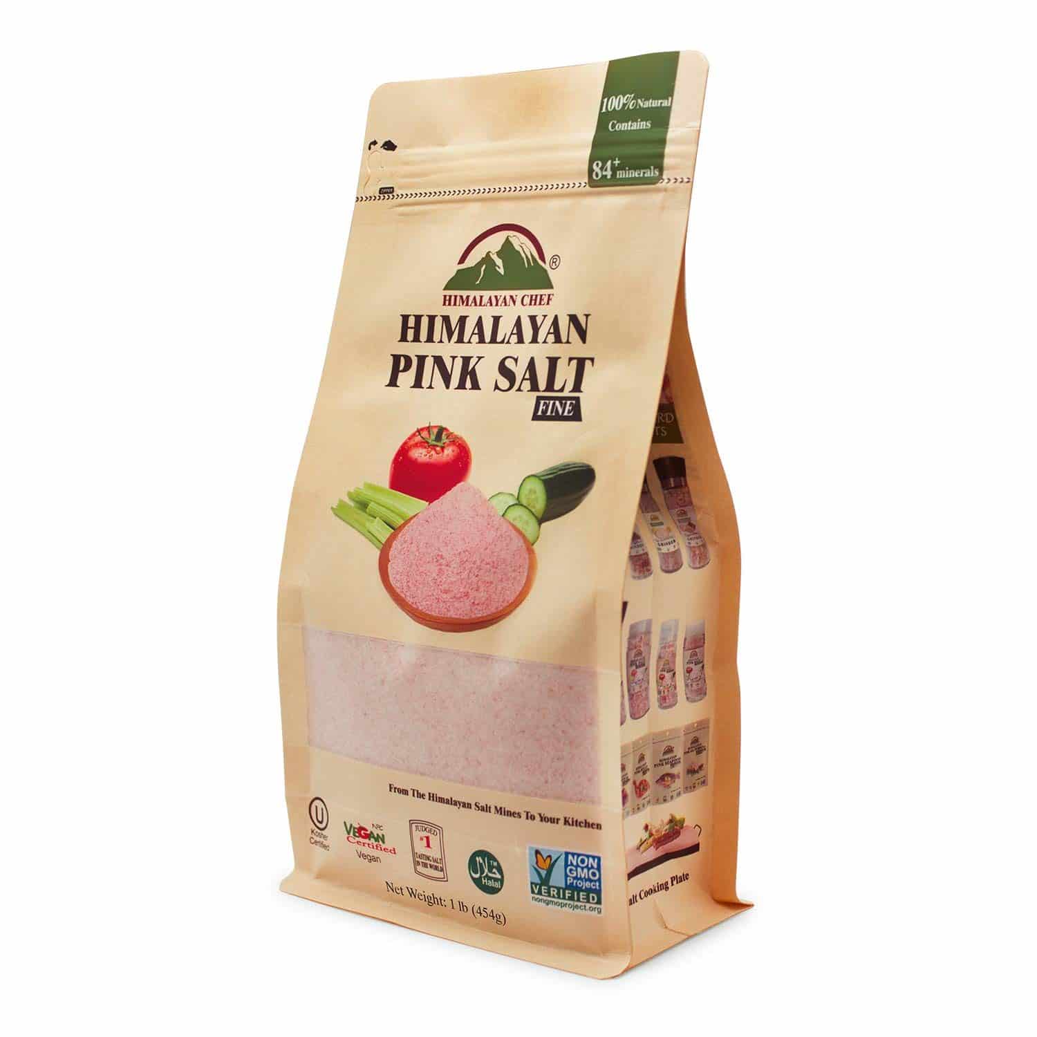 A 1 lb (454 g) bag of Himalayan Chef Himalayan Pink Salt, fine grain, 100% natural, containing 84+ minerals. The packaging highlights certifications including vegan, halal, and non-GMO verified.