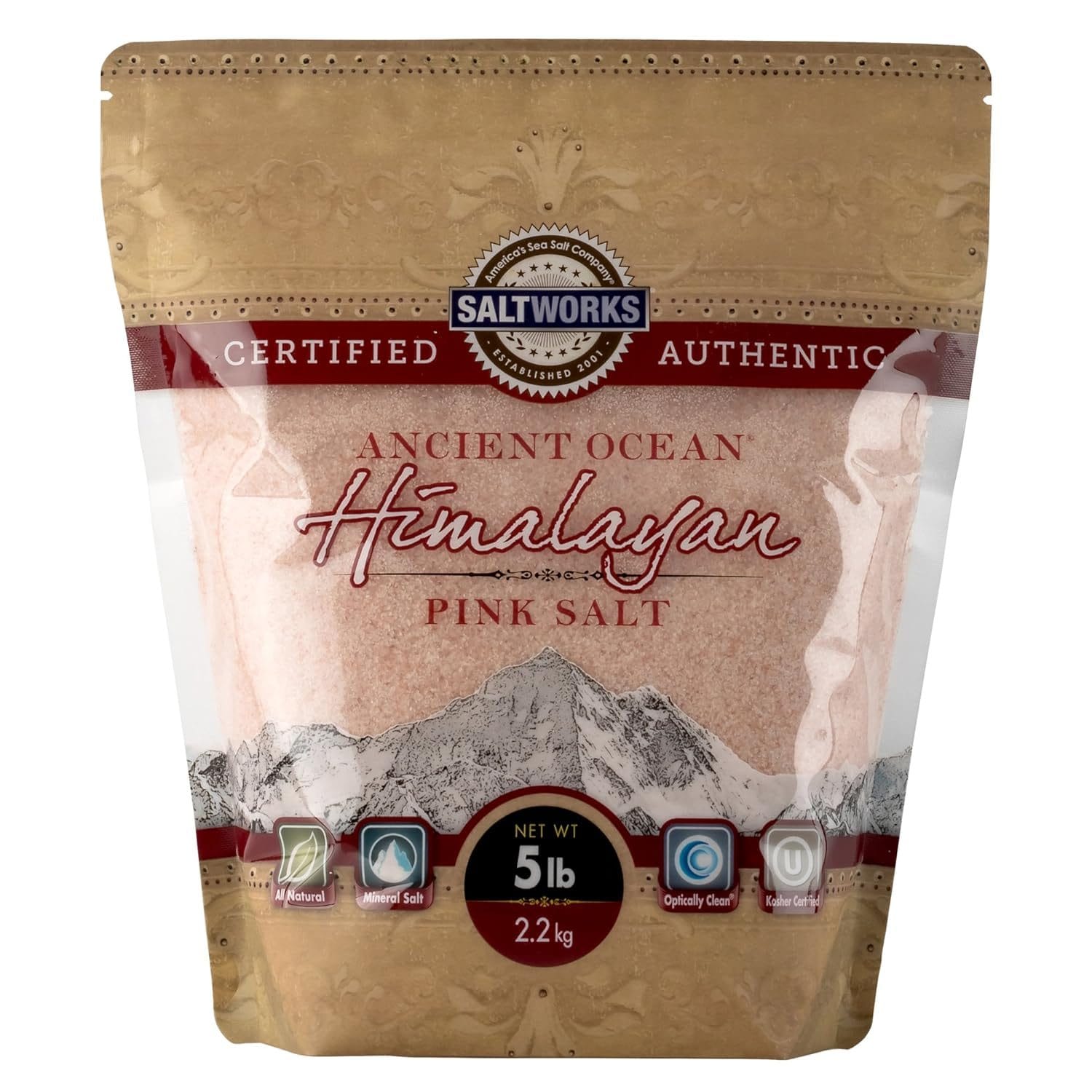 SaltWorks Ancient Ocean Himalayan Pink Salt in a 5 lb (2.2 kg) resealable bag, certified authentic, all-natural mineral salt with kosher certification.