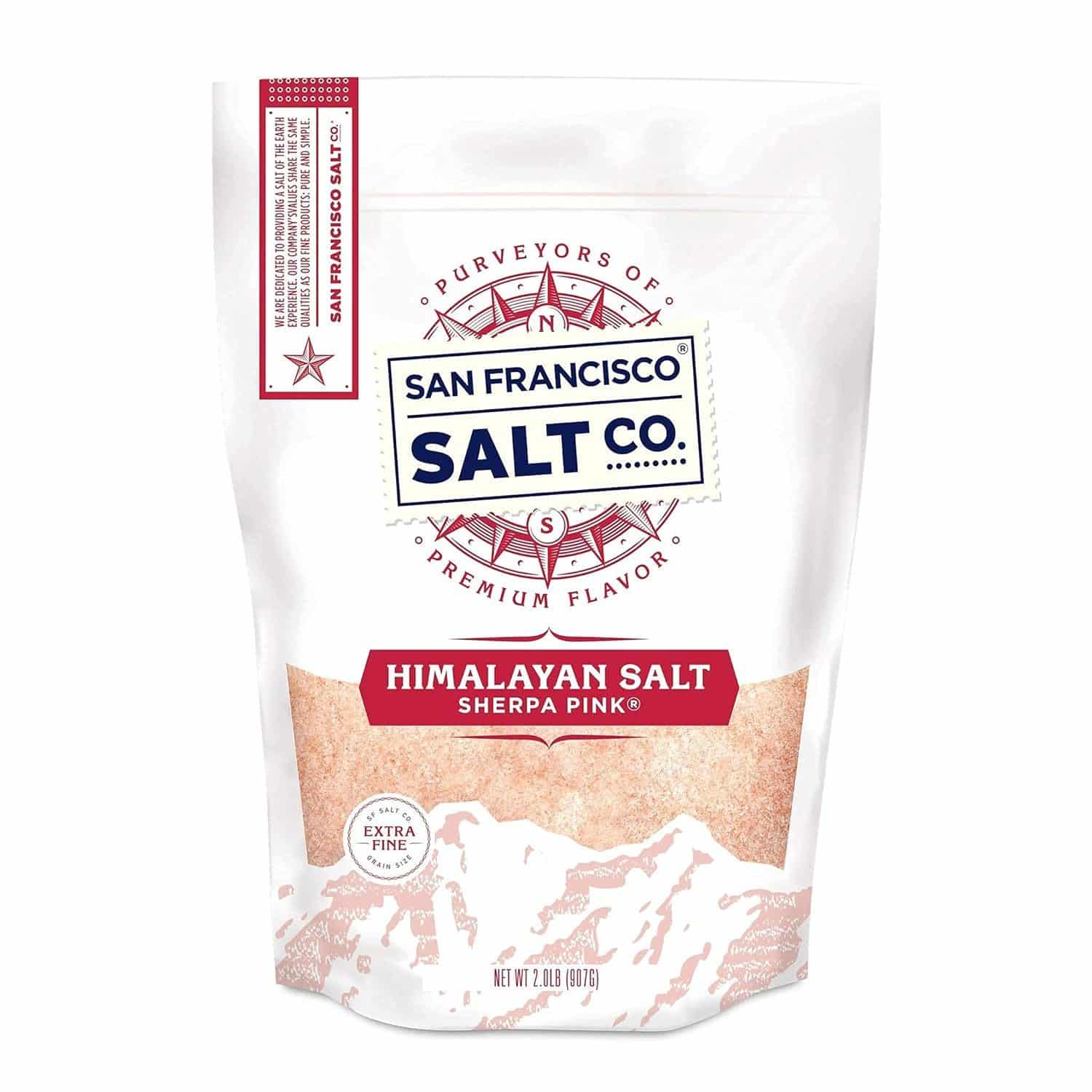 San Francisco Salt Co. Himalayan Salt Sherpa Pink in a 2 lb (907 g) resealable bag, extra fine grain, premium quality for cooking and seasoning.