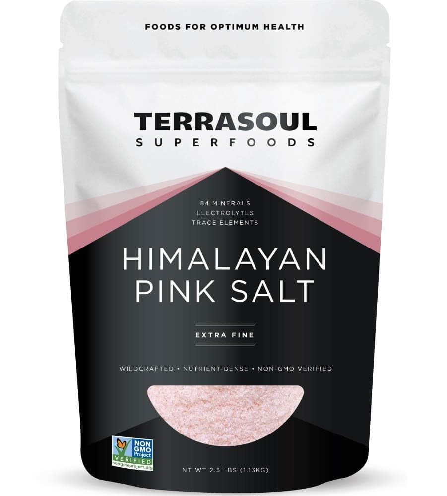 Terrasoul Superfoods Himalayan Pink Salt in a 2.5 lbs (1.13 kg) resealable bag, extra fine grain, non-GMO verified, nutrient-dense, and rich in 84 minerals and electrolytes.